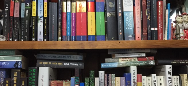 Multiple varied books stacked on shelves